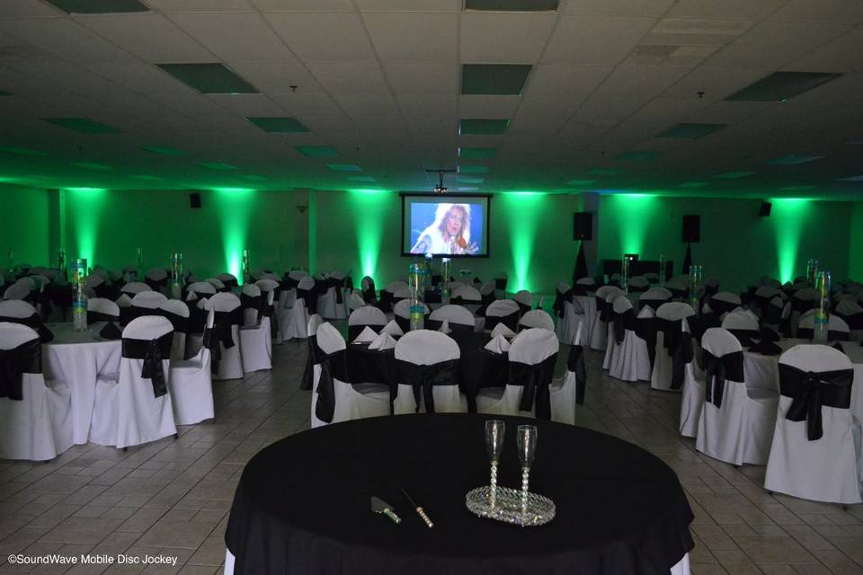 Reception area with green lights