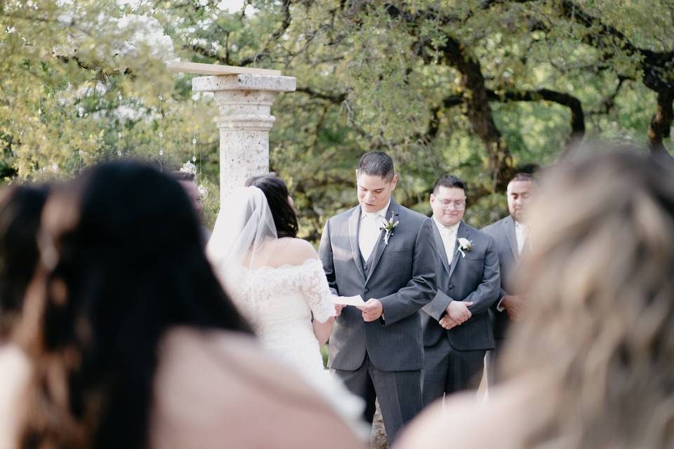 Saying vows in front of wedding crowd