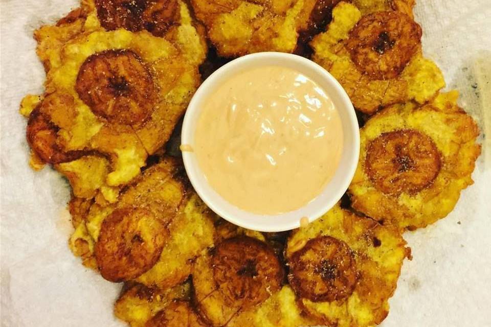 Tostones (twice fried green plantains).