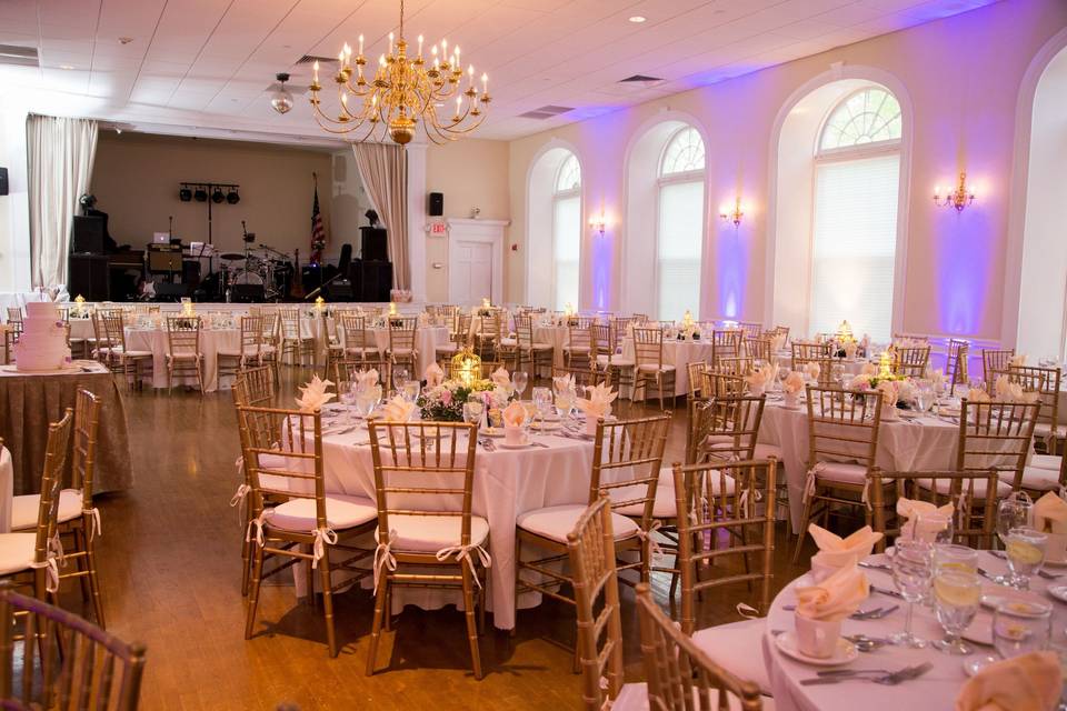 Grand ballroom with a band on the stage