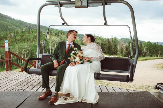 Chair lift bride and groom