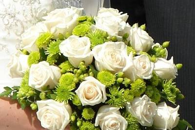 Bridal cascade of ivory roses, lime green mums, green hypericum, & ivy.