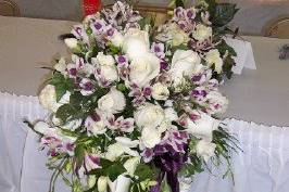 Bridal cascade of white roses, purple & white alstromeria, & white dendrobium orchids.