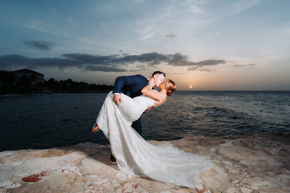 Bride & Groom Dip at Sunset