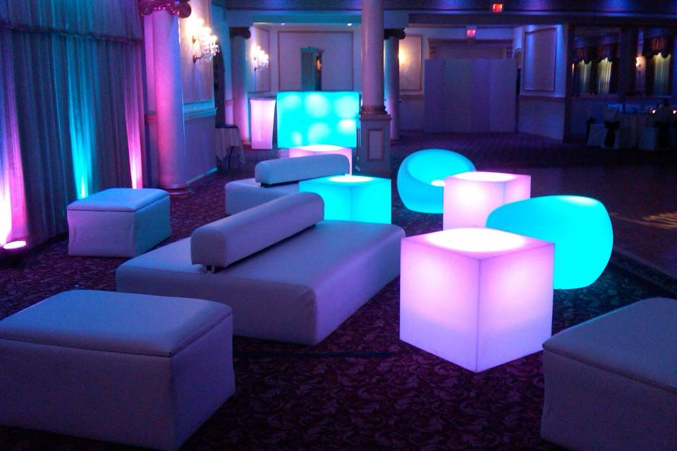 LED lounge furniture available for rent. Please call 1-888-586-7871 for more info.