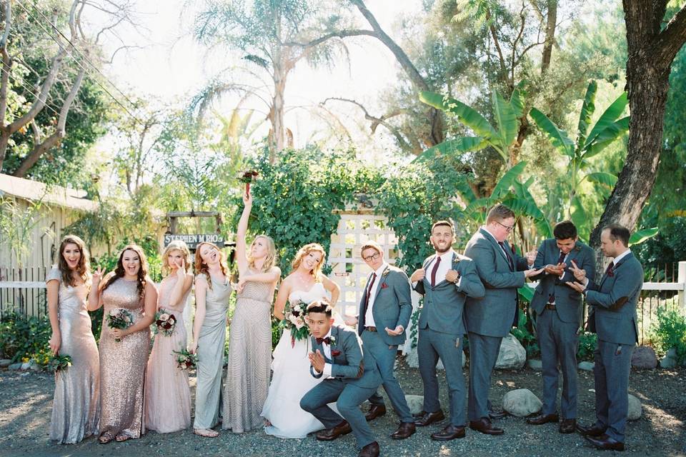 The couple with the bridesmaids and groomsmen