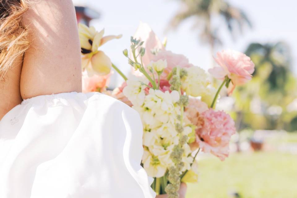 Bride and florals close up