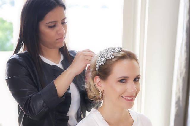 Bride having her hair styled