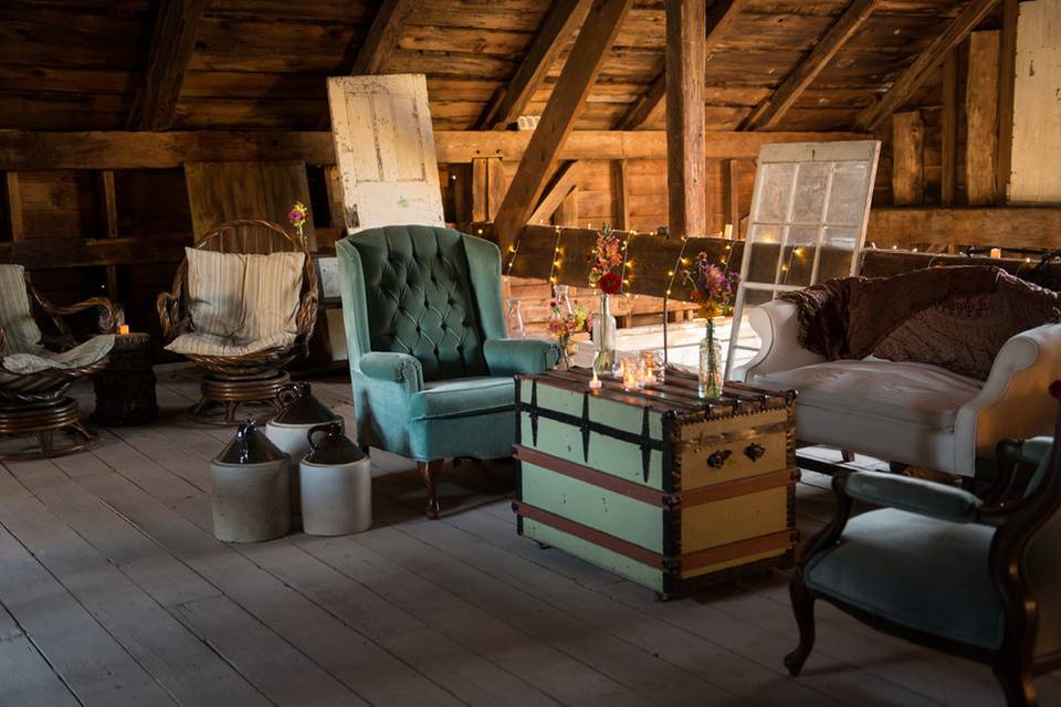 Lounge set up in the barn.