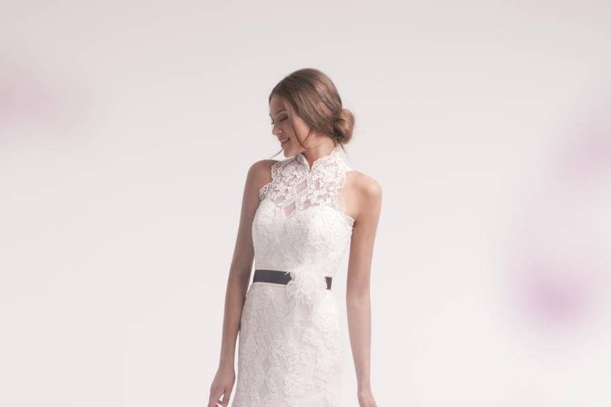 Style No: 32105843
Gown features high neckline and floral belt.