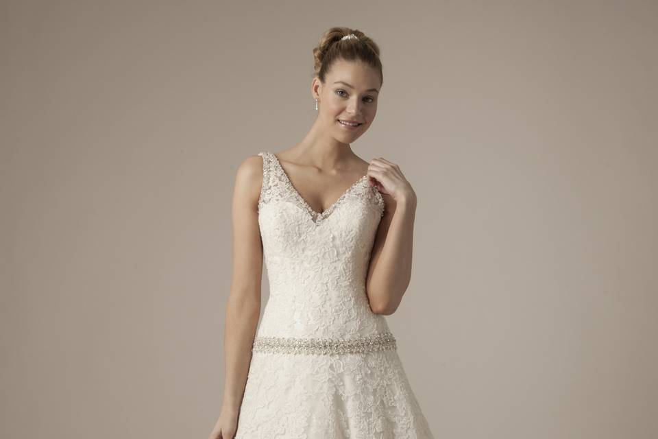 V-Neck A-Line Gown in Alencon Lace
Style Number: 12054
This a-line gown features a v-neck neckline with a dropped waist in alencon lace and beaded embroidery. It has a chapel train and a tank top. This gown is Exclusive to Kleinfeld Bridal.