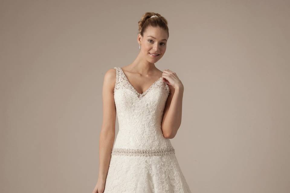 Style 32908345 <br> This a-line gown features a v-neck neckline with a dropped waist in alencon lace and beaded embroidery. It has a chapel train and a tank top. This gown is Exclusive to Kleinfeld Bridal.
