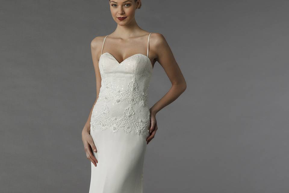 Style	12072	<br>	This sheath gown features a sweetheart neckline with a natural waist in silk. It has a chapel train and spaghetti straps.