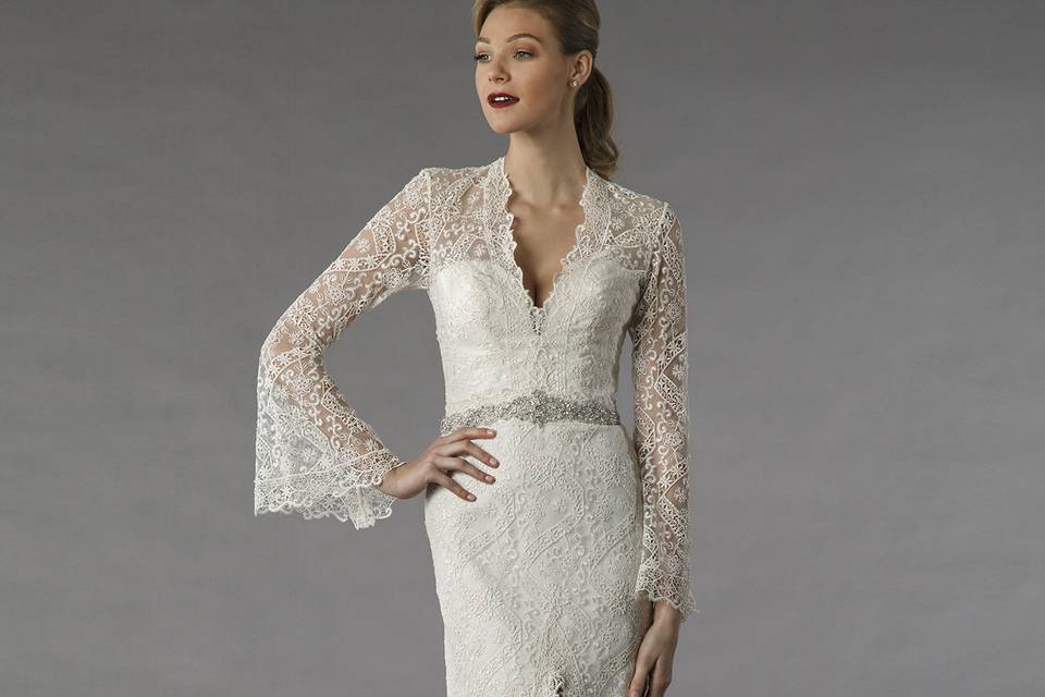Style	12073	<br>	This sheath gown features a v-neck neckline with a natural waist in vintage lace. It has a chapel train and long sleeves.