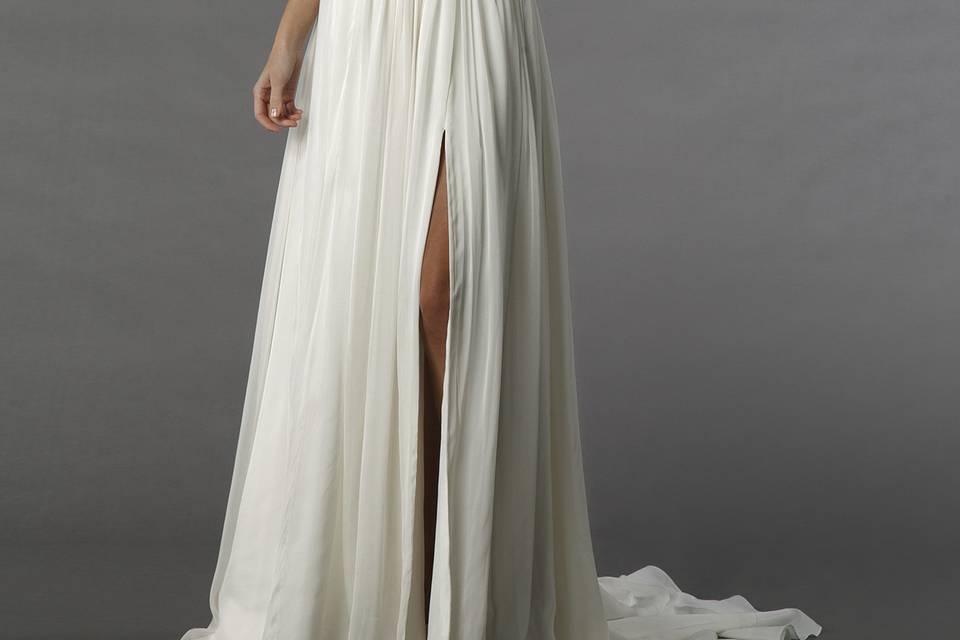 Style	12074	<br>	This a-line gown features a sweetheart neckline with a natural waist in chiffon. It has a chapel train.