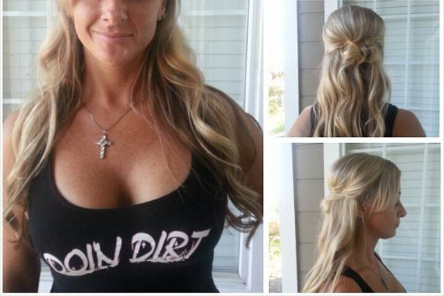 Loose wave half up style with a twist enclosure.