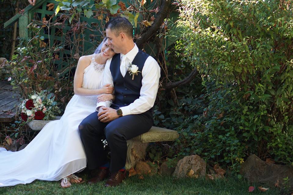 Bride leaning on her groom's shoulder