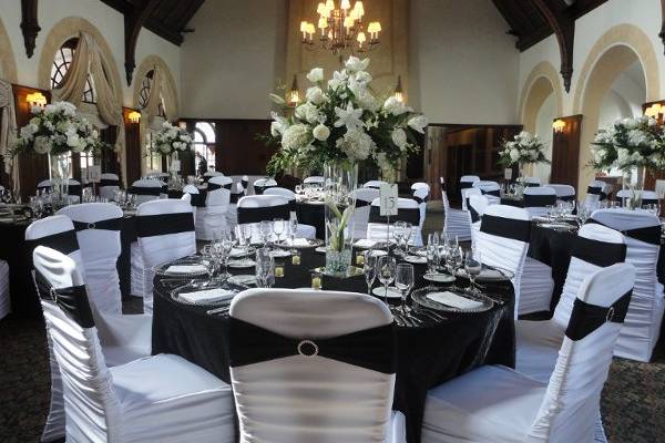 white rouge chair cover w black rhinestone band