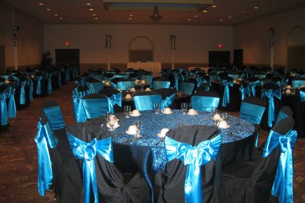 black standard chair cover w/ aqua blue satin sash