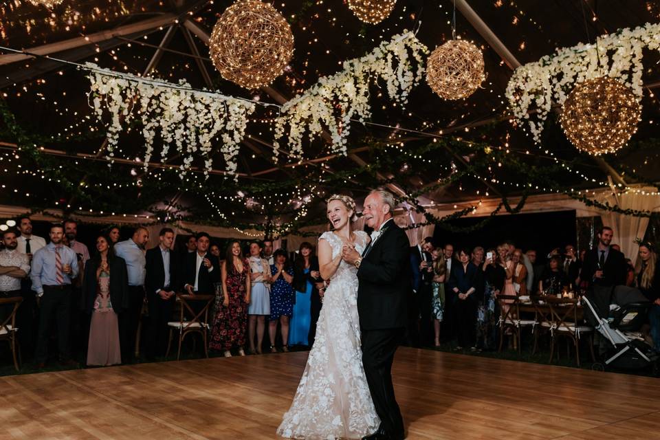 String lights, Tables, chairs