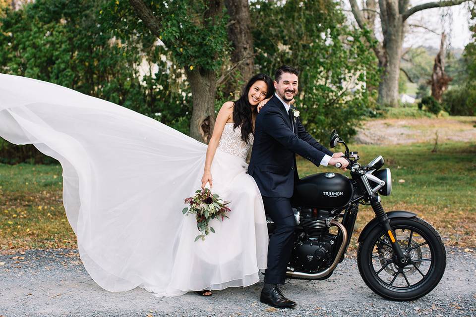 Wedding portrait on a motorcycle