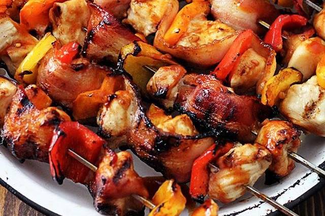 Honey BBQ bacon chicken kabobs