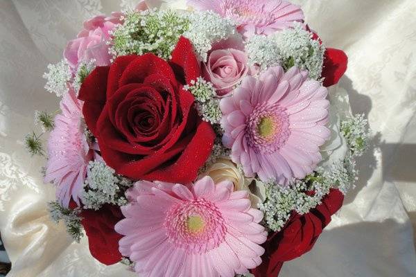Red Roses, Mini Pink Gerberas, Ivory Roses, Pink Roses, With Queenannlace Hand Tied Bouquet.