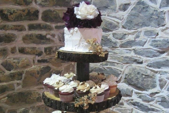 Cake Topper and Cupcakes on a Tree Cupcake Stand for a Rustic Wedding