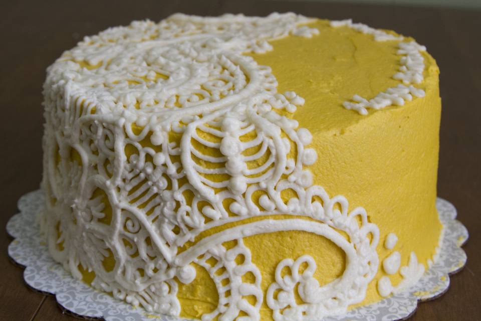 Henna-inspired Lace Cake. Lemon cake, vanilla icing. This style was done completely in buttercream, but could also be done over fondant and/or made into a tiered design.