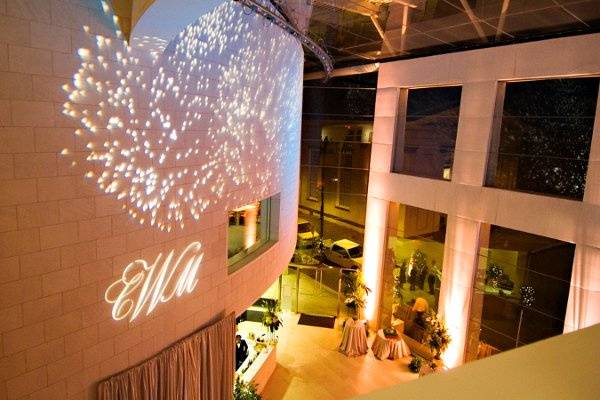 Gobo lights and uplighting dress up any event in the Atrium.