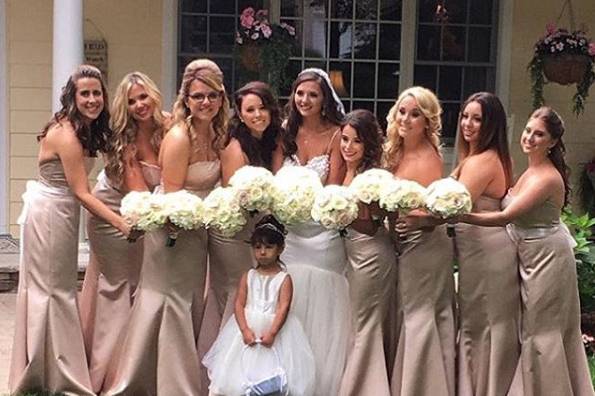 Strapless satin bridesmaid dresses in champagne