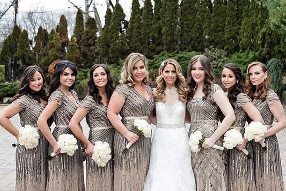 Bridesmaids styled in our Studio in beaded dresses by Adrianna Papell