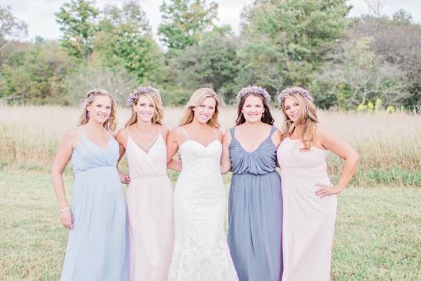 Loving these boho Hayley Paige Occasions bridesmaids. Styled in different color dresses with the perfect amount of beading