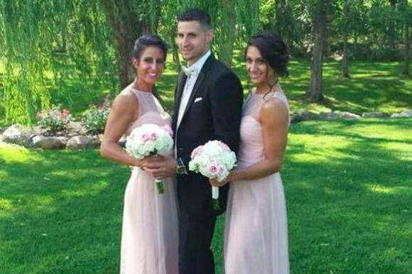 Classic high neck tulle style by Amsale Bridesmaids in blush.