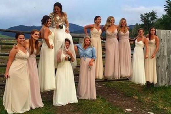 The coolest boho bridesmaids wearing Hayley Paige Occasions in shades of blush and beige