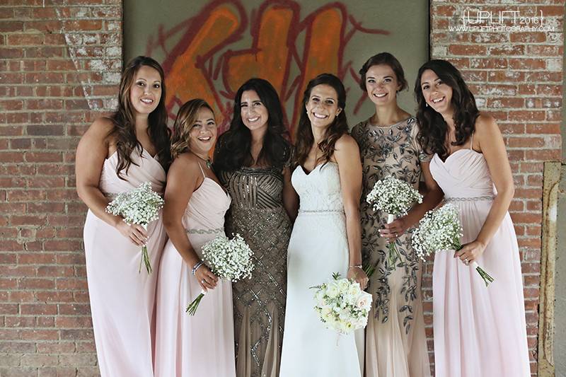 Bridal party styled in our Studio! Maids of honor wearing Adrianna Papell, bridesmaids wearing blush dresses by Hayley Paige Occasions.