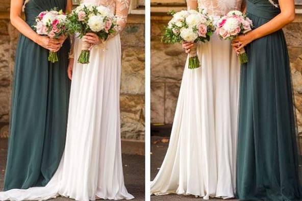 Hunter green dresses by Amsale Bridesmaids for these maids of honor.