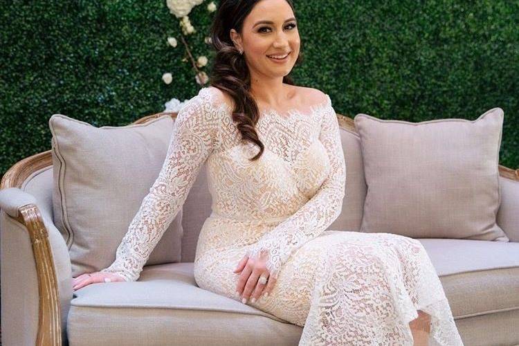 The perfect dress for your bridal shower! Maria is wearing an off the shoulder lace dress by Elle Zeitoune designs.