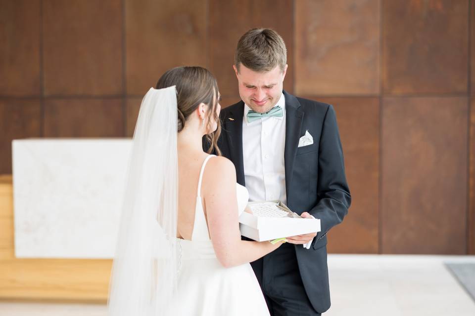 Bride and groom share gifts - Lace + Honey Weddings