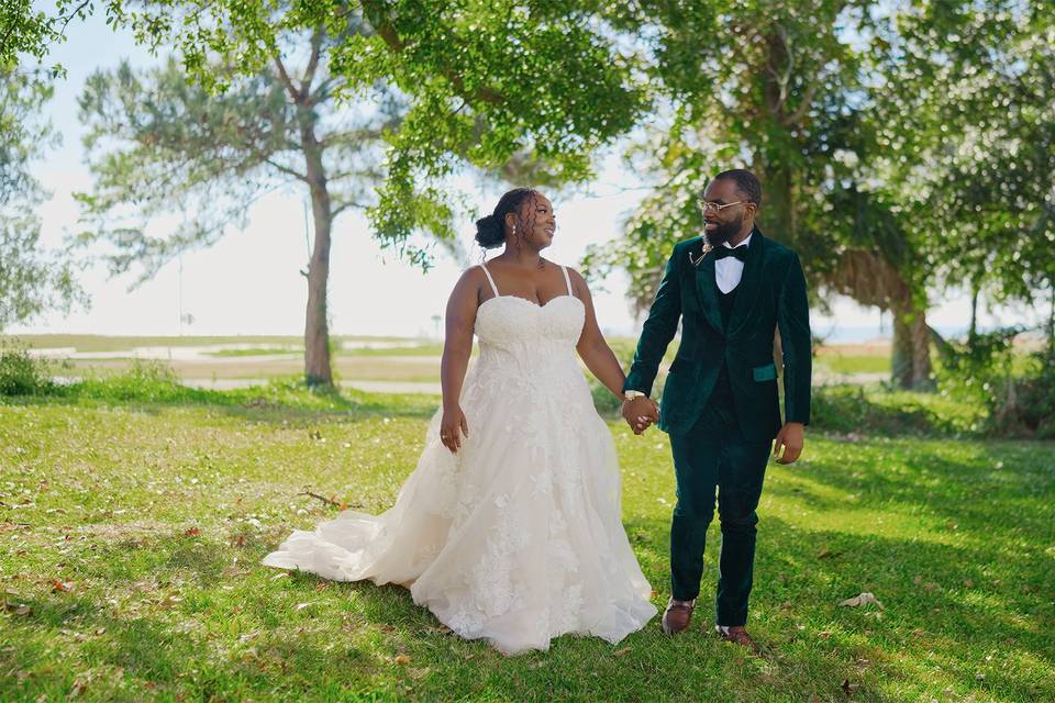 Cinematic film still of Keaira & Marcus during the first look on their wedding day in Gulfport, Mississippi captured by Enchanted Cinema Co. Baton Rouge wedding videographers.jpg
