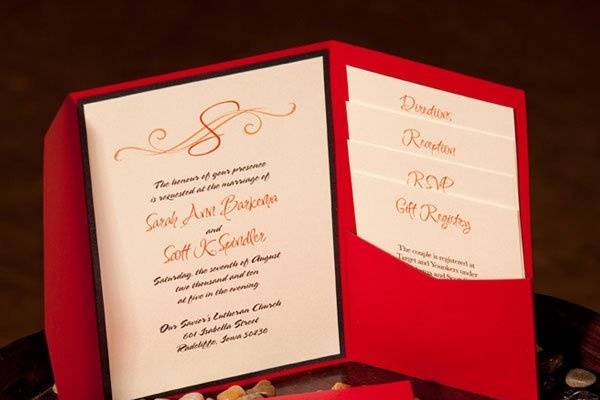 Pocket Fold Invitation with Vellum Belly Band and RSVP, Directions, Reception and Gift Registry Cards.