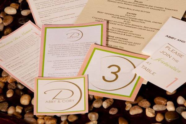 Wedding program, dinner menu, seating cards, table numbers, envelopes, welcome cards, etc.
