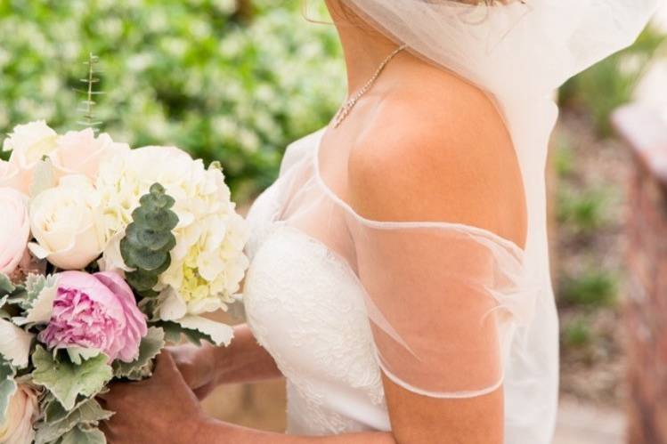 Off-shoulder sheer wedding dress