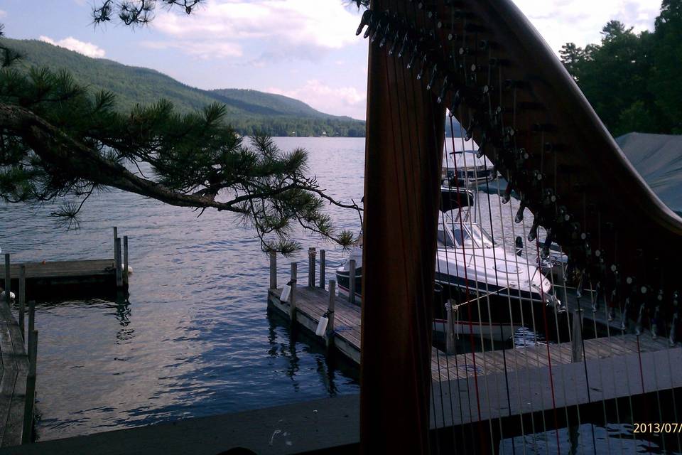 Playing the harp by the lake