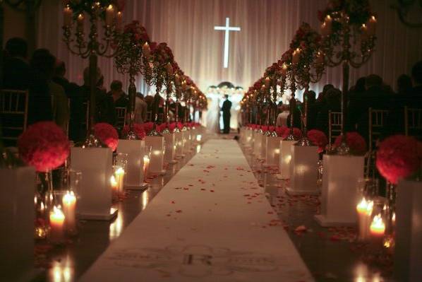 Ashley & John's wedding venue was constructed from scratch in a standard convention center building.