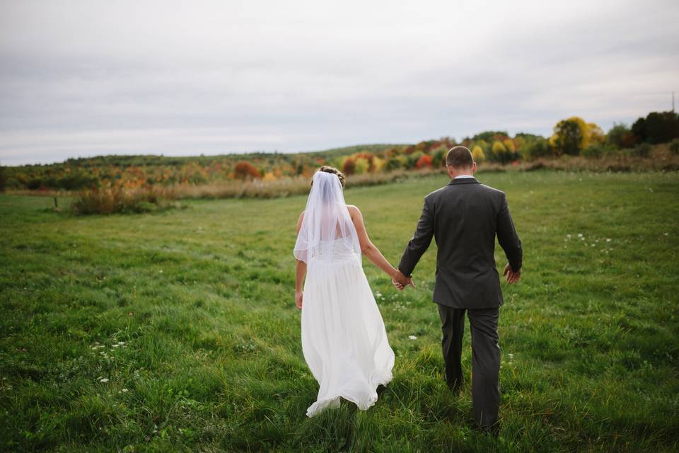 Couple walking hand-in-hand in field