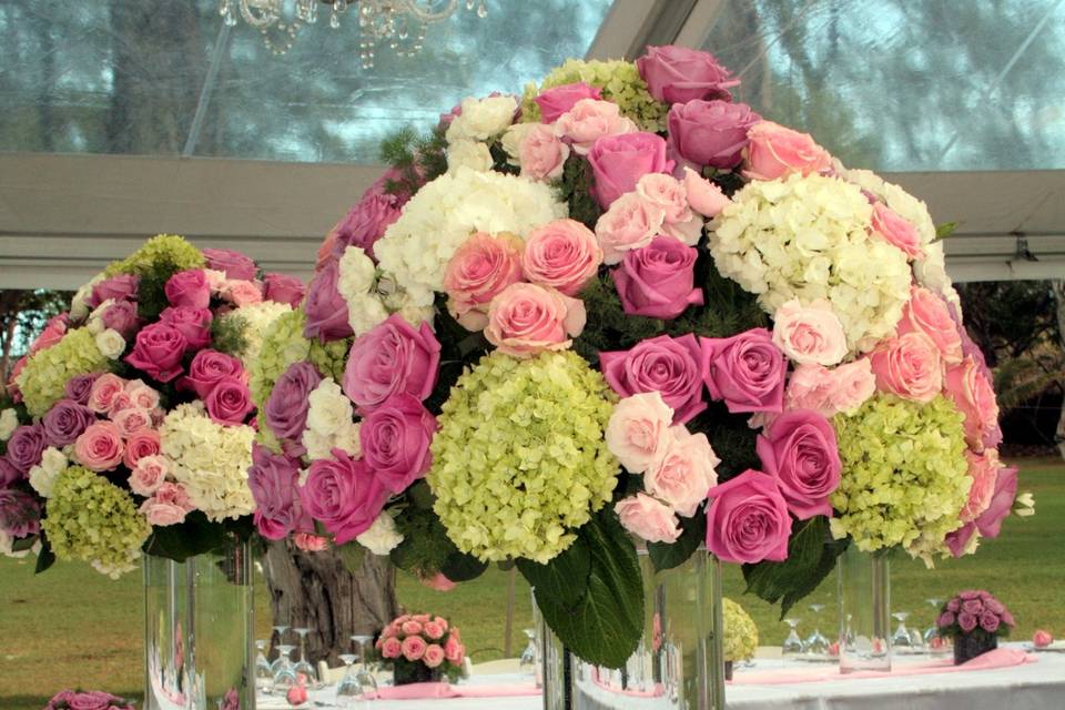 High and Low arrangements of pink, green, and creamy white