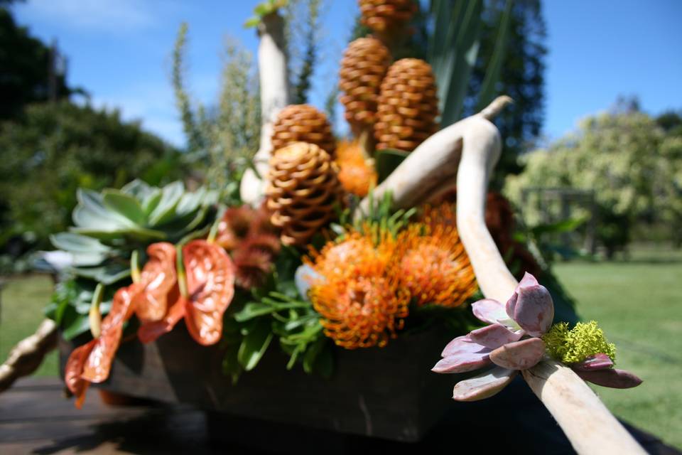 An organic Hawaiian centerpiece features succulents, Driftwood and a variety of local blossoms