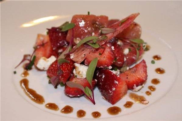 Beet & Strawberry Salad, Chevre' & Cinnamon Basil Vinaigrette