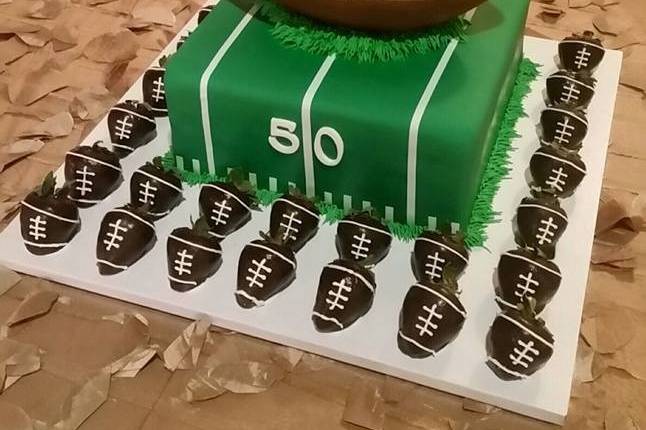 Football made out of Rice Krispies!  Fun.  Chocolate covered football strawberries.